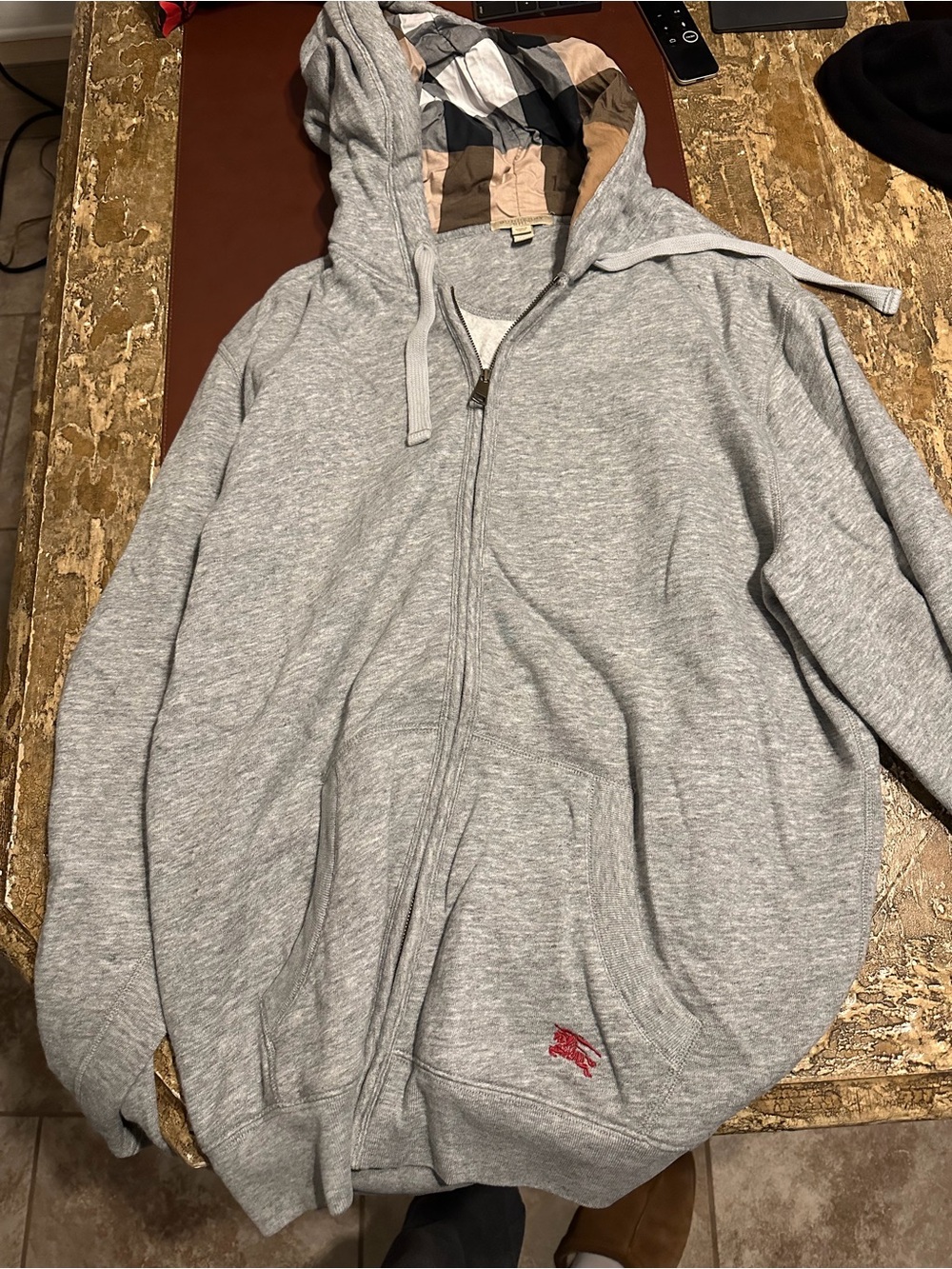 Burberry Light Gray Zip-Front Hoodie with Classic Check Lining